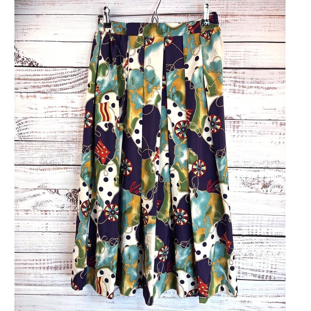 Vintage Nautical Map Print Skirt L Elastic Waist Pleated Midi‎ Timeless Preppy